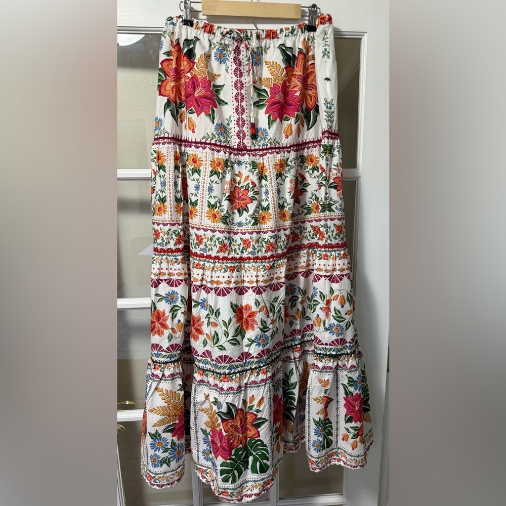 FARM Rio Red and Orange Tiered Maxi Skirt A-Line Resort Wear